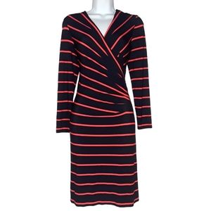 DONNA RICCO New York Coral Stripe Navy Blue Faux Wrap Ruching Dress 2 XS